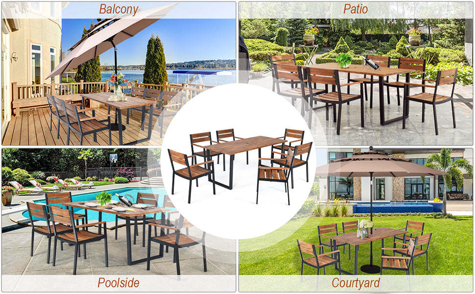 7 Piece Outdoor Patio Dining Table Set with 6 Acacia Wood Armchairs & Umbrella Hole