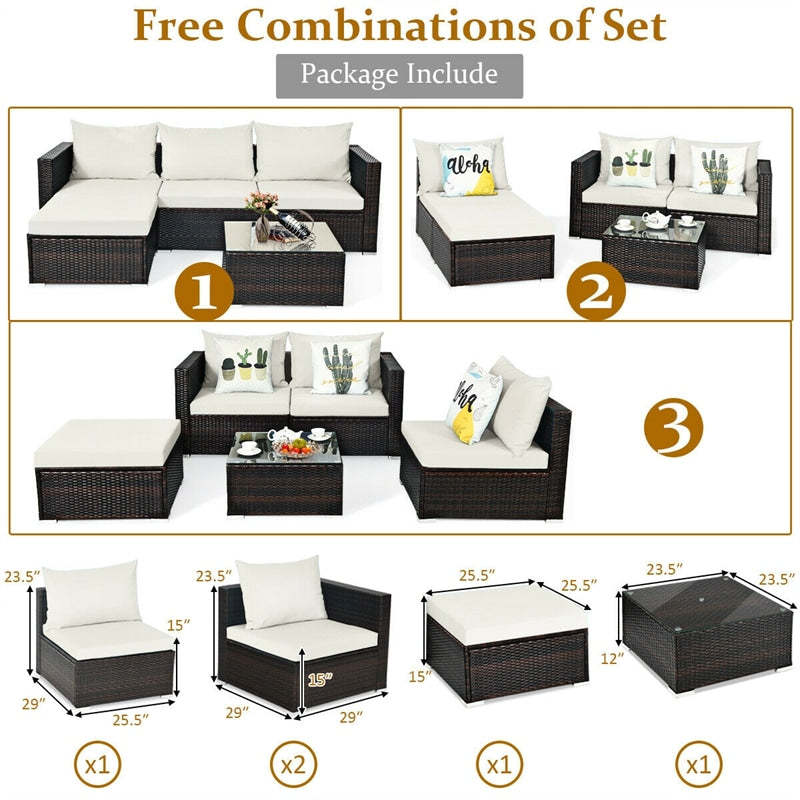 5 Piece Rattan Patio Conversation Set Sectional Sofa with Coffee Table & Cushions