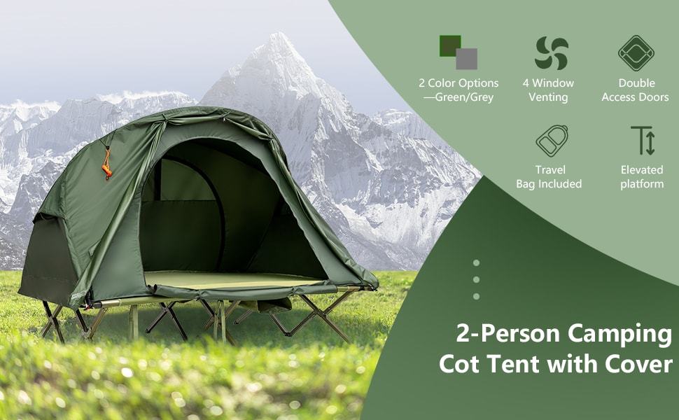 2-Person Tent Cot 4-in-1 Folding Camping Tent Elevated Tent with Waterproof Rain Cover, Self-Inflating Mattress & Roller Carrying Bag