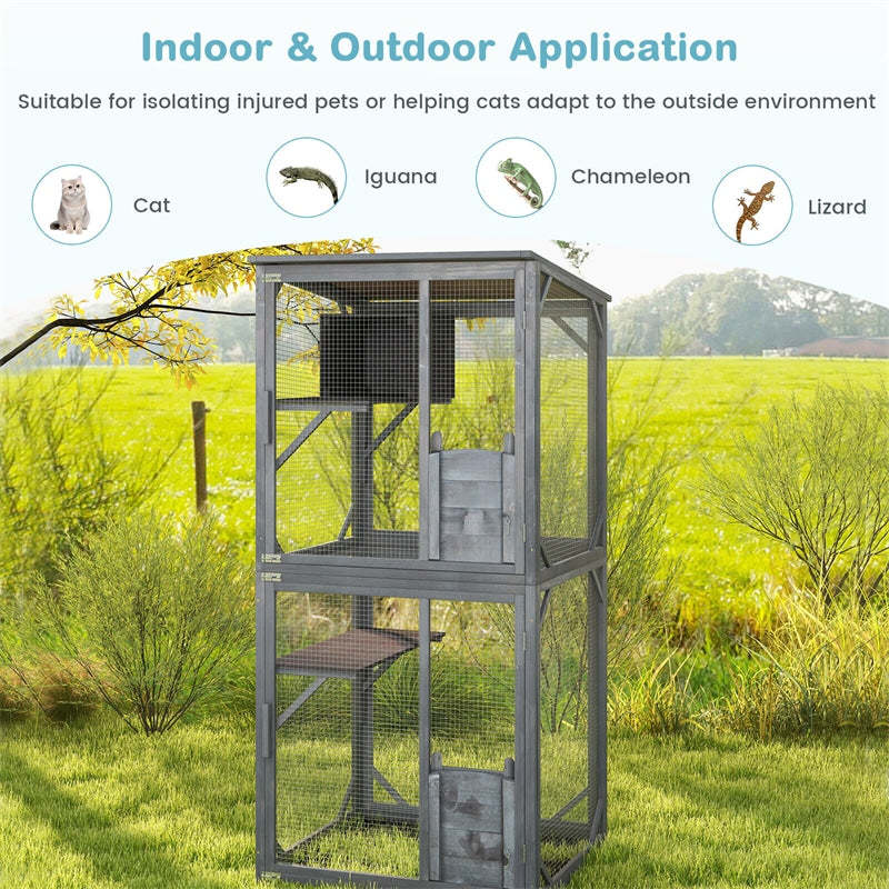 Catio Outdoor Cat Enclosure, 72" Tall Wooden Cat House On Wheels with Resting Box, 2 Platforms, Weatherproof Asphalt Roof, Large Cat Cage Playpen