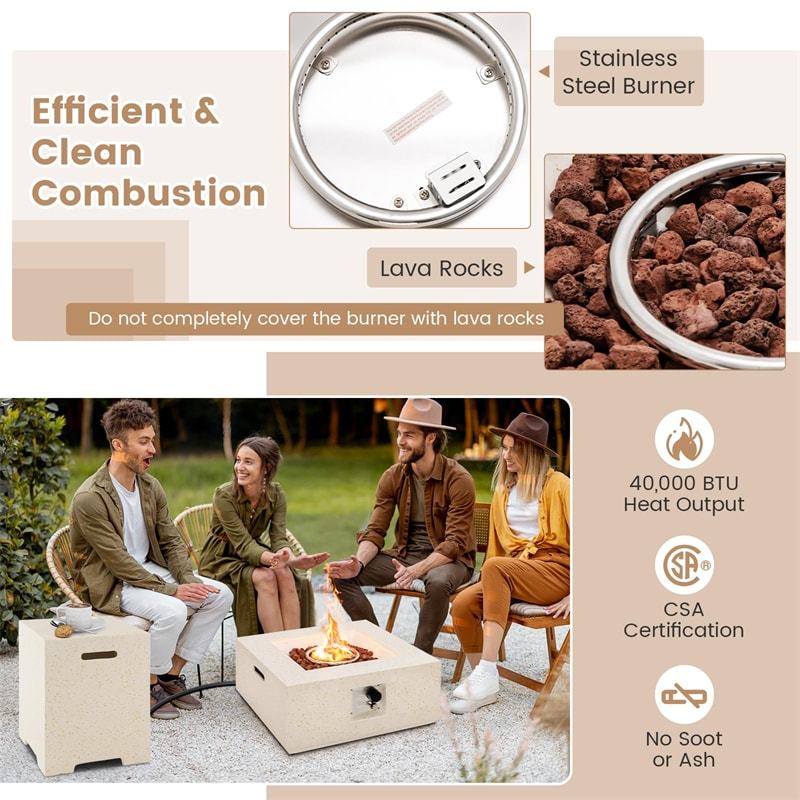 2 Piece Patio Propane Fire Pit Table Set 40,000 BTU 28" Terrazzo Gas Fire Table with 16" Hideaway Tank Holder, Protective Covers & CSA Certification