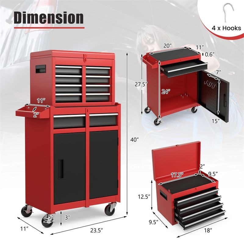 5-Drawer Rolling Tool Chest, Tool Storage Cabinet with Lockable Wheels, Detachable Top Tool Box & Adjustable Shelf for Garage, Workshop