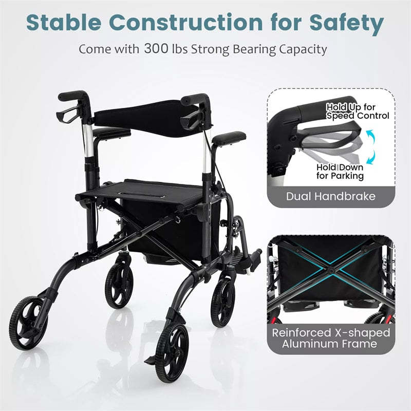 2-in-1 Folding Rollator Walker for Seniors with Seat, 8" Wheel Medical Walker Transport Wheelchair, Height Adjustable Handle, Mobility Aid