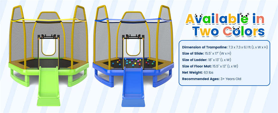 7 FT Kids Recreational Trampoline Outdoor Indoor Toddler Trampoline with Slide Ocean Balls Ladder & Safety Enclosure Net