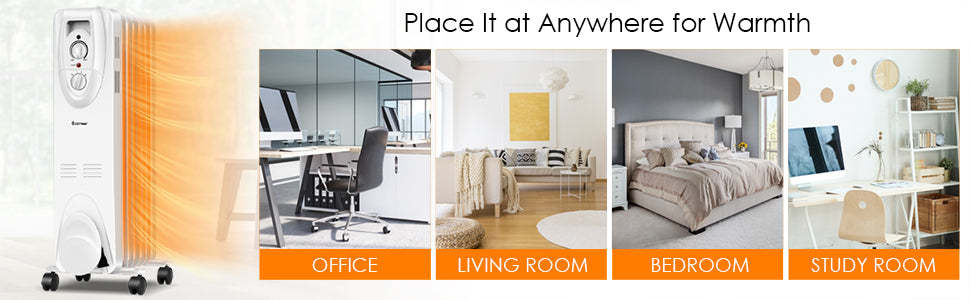 1500W Portable Oil Filled Radiator Heater with 3 Heating Modes Universal Wheels