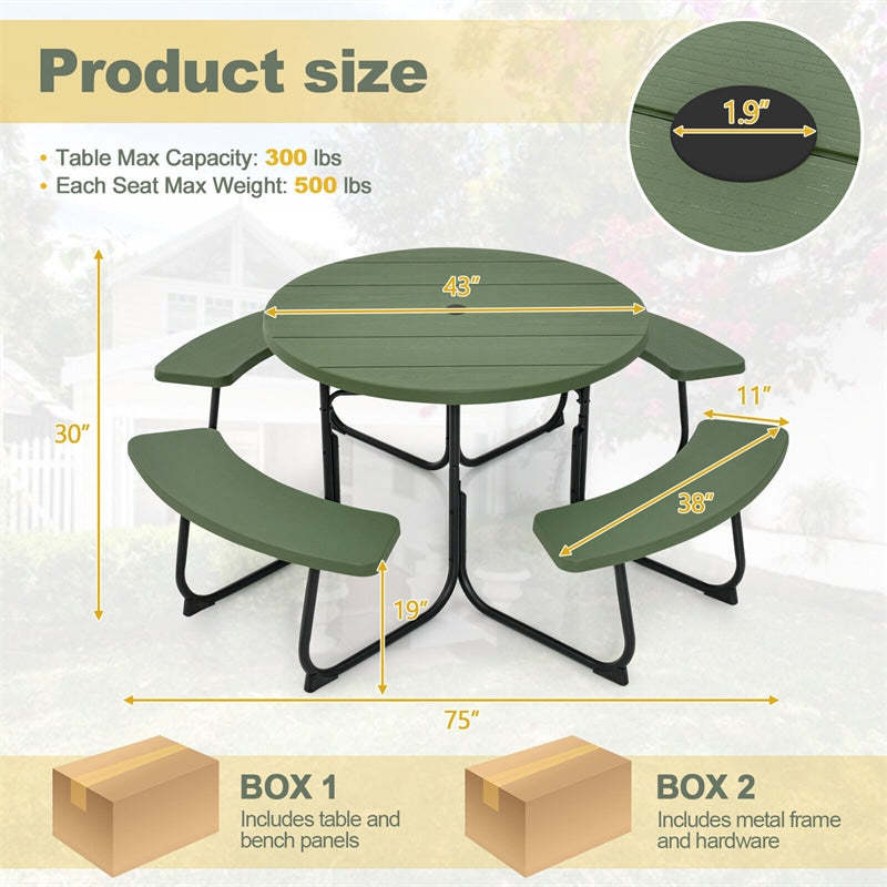 8-Person Outdoor Round HDPE Picnic Table & Bench Set with Umbrella Hole, Metal Frame, 2000LBS Capacity Patio Table Bench Set for Backyard Garden