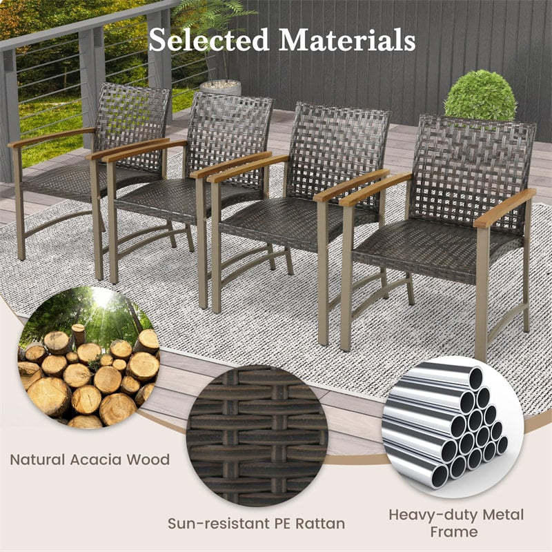 4 Pcs Outdoor PE Wicker Patio Dining Chairs Heavy-Duty Metal Frame Armchairs with Acacia Wood Armrests