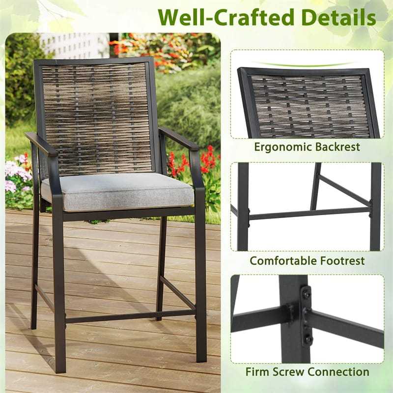Outdoor Metal Bar Stools Set of 2 with Rattan Back, Fabric Seat & Cushions, 330 LBS Capacity Counter Height Patio Chairs for Backyard, Poolside