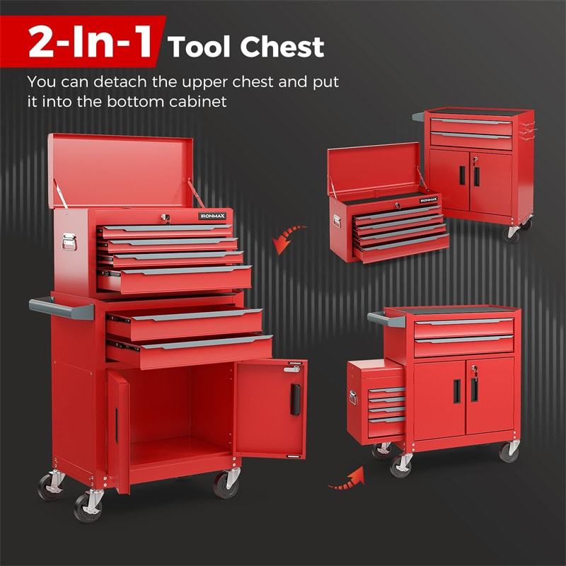 6-Drawer Rolling Tool Chest, Extra Large Tool Storage Cabinet with Lockable Wheels & Auto Lock, 2-in-1 Heavy-Duty Tool Box for Garage, Workshop