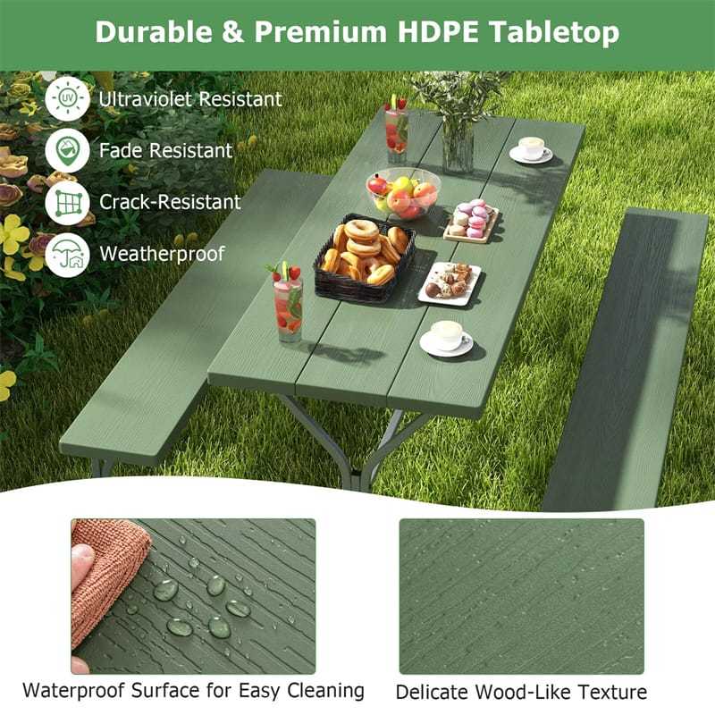 6FT Picnic Table & Bench Set for 8-Person, Heavy Duty Weather-Resistant Outdoor Dining Table with Umbrella Hole HDPE Tabletop & Built-in Benches