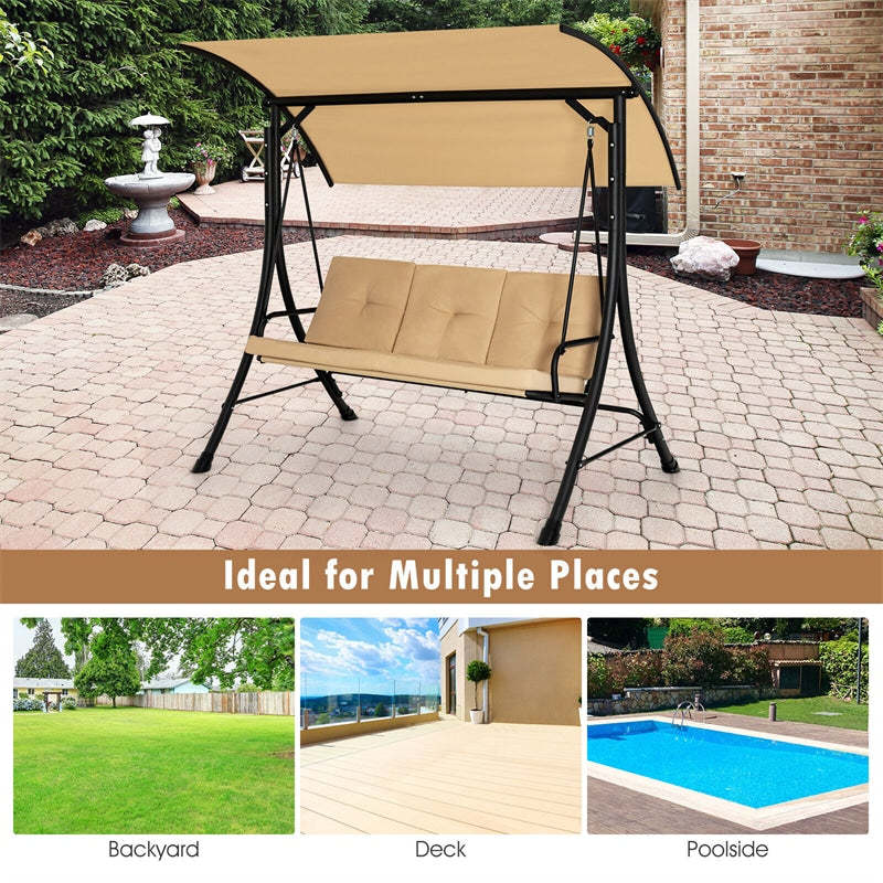 3-Person Porch Swing Outdoor Patio Swing with Adjustable Canopy & Removable Cushions