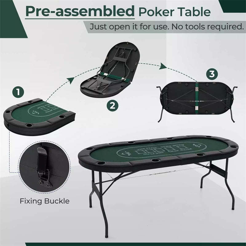 72" Foldable Poker Table, 8-Player Texas Holdem Card Table with Cup Holders, Casino Grade Felt, Portable Oval Blackjack Table for Home Game Room