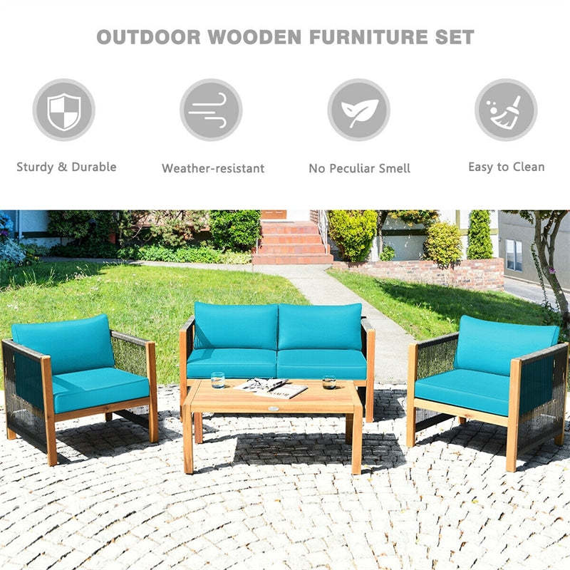 4 Piece Wood Patio Conversation Set Acacia Frame Outdoor Loveseat Sofa Set with Coffee Table & Cushions