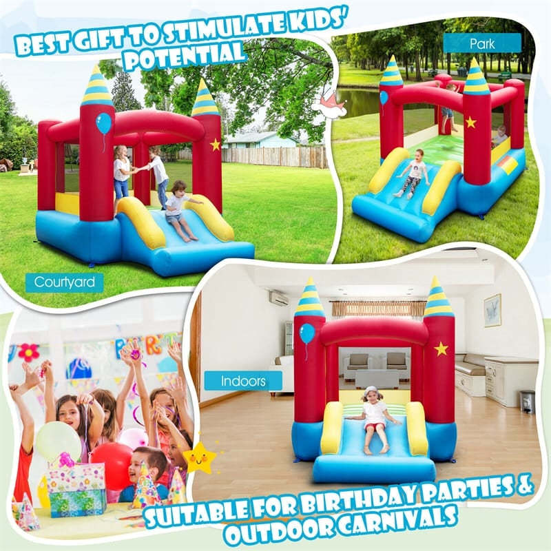 Inflatable Bounce House Stars Castle Portable Bouncy Castle with Large Jumping Area & Slide without Blower for Kids Outdoor Indoor Family Fun