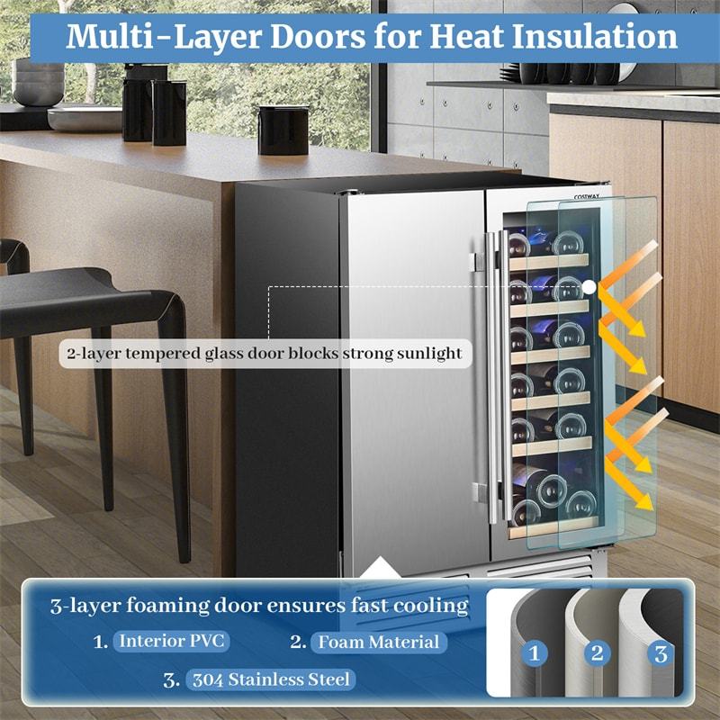 24" Dual Zone Undercounter Wine Beverage Cooler Refrigerator, Built-in Freestanding Wine Fridge for 19 Bottles & 57 Cans, Stainless Steel Door
