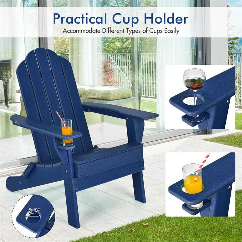 HDPE Folding Adirondack Chair, Outdoor Fire Pit Chair with Cup Holder, Weather Resistant Patio Lounge Chair for Backyard, Garden, Poolside