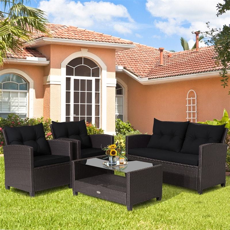 4 Piece Outdoor Rattan Furniture Set, Patio Conversation Set with Lower Shelf Coffee Table, Loveseat, 2 Cushioned Chairs for Garden Backyard