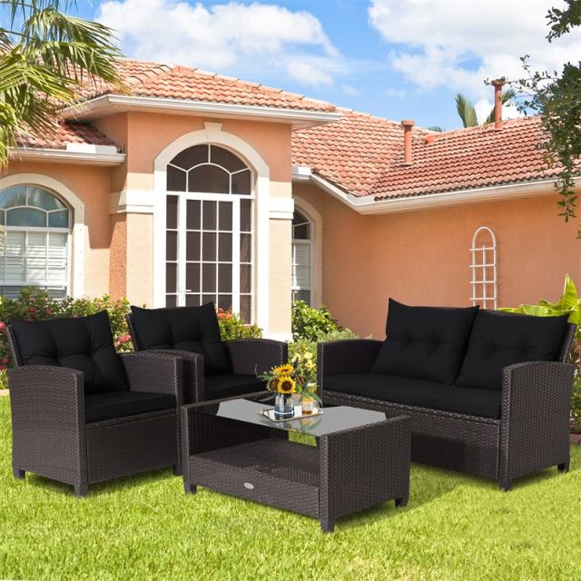 4 Piece Outdoor Rattan Furniture Set, Patio Conversation Set with Lower Shelf Coffee Table, Loveseat, 2 Cushioned Chairs for Garden Backyard