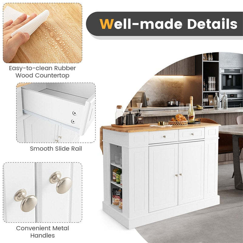 Large Drop Leaf Kitchen Island Stationary Kitchen Storage Island with Rubber Wood Countertop, 2 Drawers & Adjustable Shelves