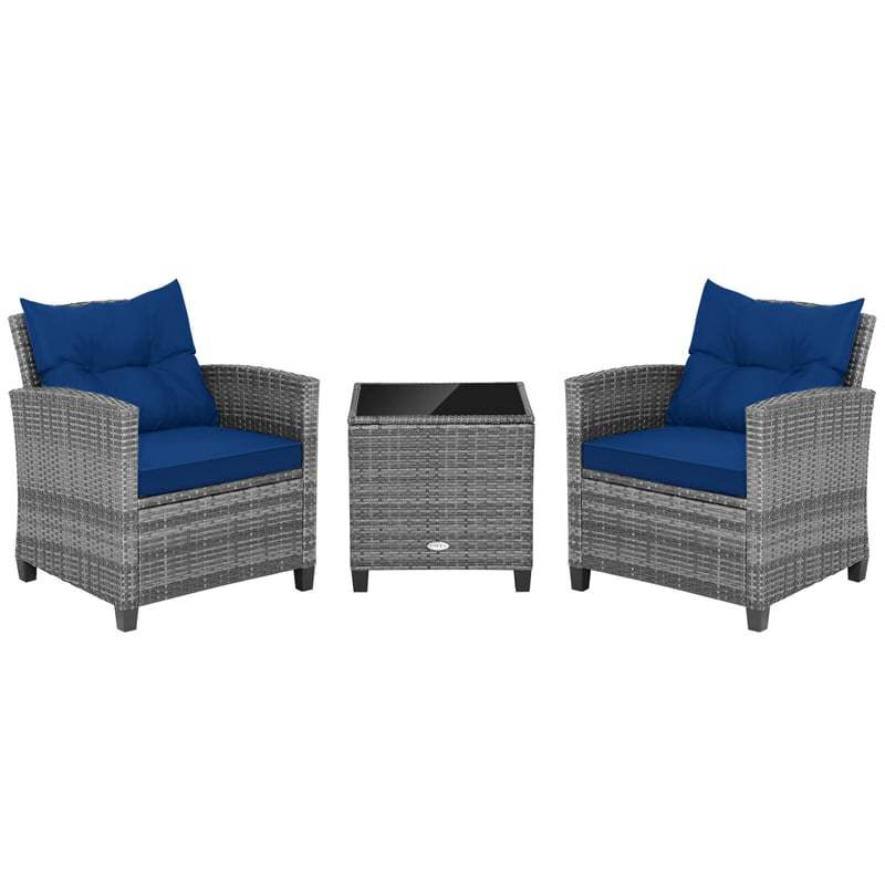 3PCS Patio Rattan Furniture Set Outdoor Conversation Set Wicker Bistro Set with Cushioned Chairs & Tempered Glass Side Table