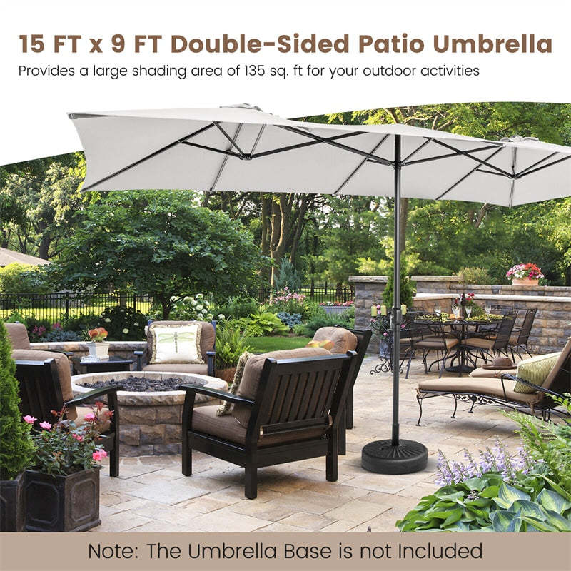 15FT Double-Sided Patio Umbrella with Crank Handle, Vented Top, 10-Rib Metal Frame, Large Twin Market Umbrella for Poolside, Deck, Lawn, Garden