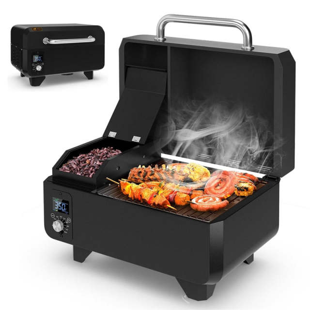 Pellet Grill and Smoker Portable Pellet Smoker Tabletop Wood Pellet Grill w/ Temperature Control, Removable Ash Pan, Grease Tray for Camping BBQ