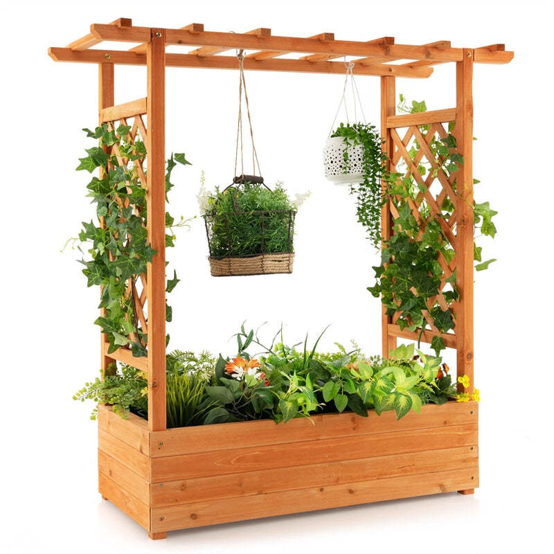 Raised Garden Bed with Arch Trellis, Hanging Roof, Outdoor Wood Planter Box w/ Side Trellis, Drainage Holes for Climbing Plants, Vines, Flowers