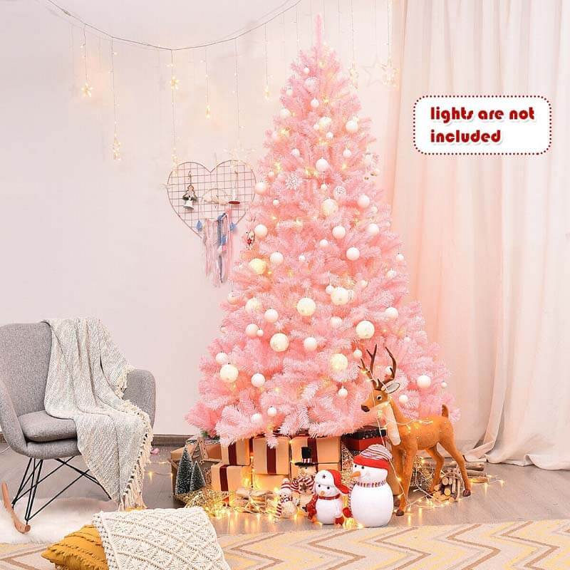 7.5FT Pink Artificial Hinged Spruce Full Christmas Tree with Foldable Metal Stand