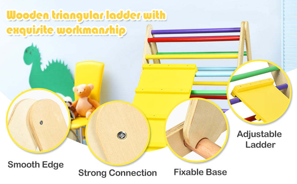 Foldable Wooden Climbing Pikler Triangle Toddler Climber Ladder with Climbing Ramp