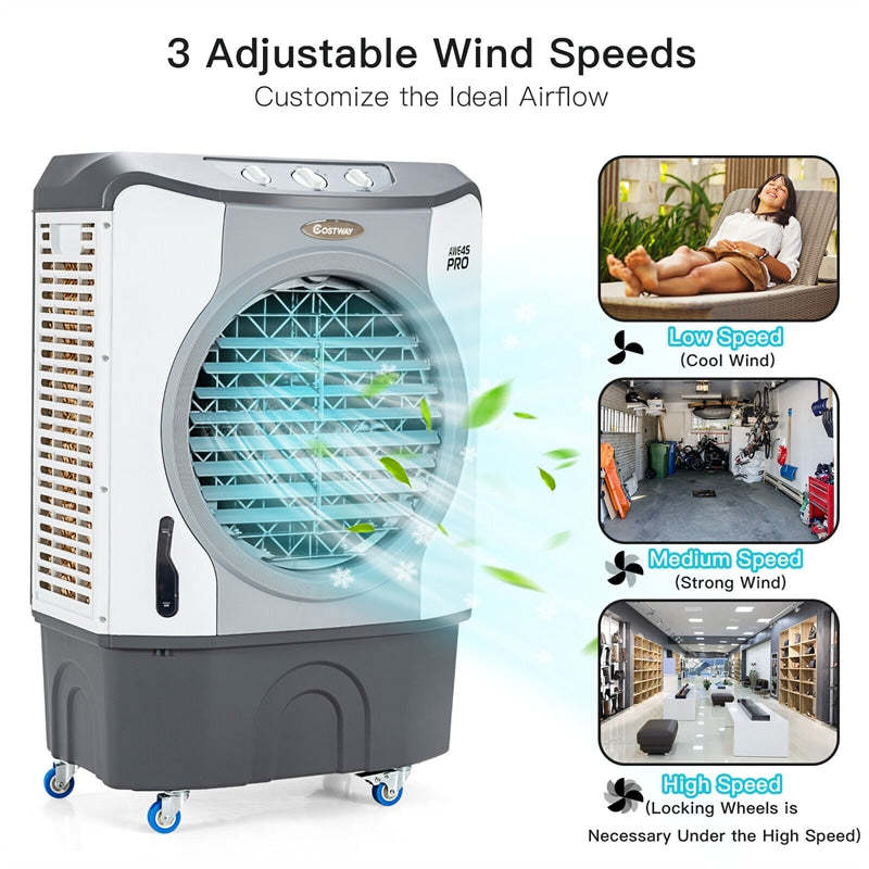 3450 CFM Industrial Evaporative Cooler, 4-in-1 Portable Air Cooler Fan Humidifier Purifier with 45L Tank, 100°Oscillation & 4 Universal Casters