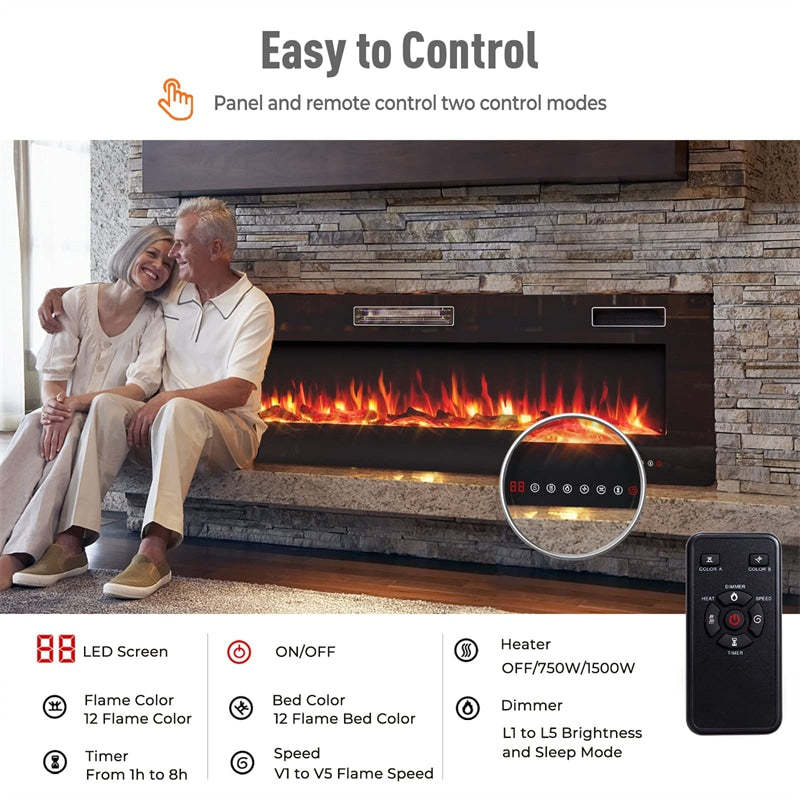 60" Ultra-Thin Electric Fireplace, Recessed & Wall Mounted Fireplace Heater with Log, Crystal Decoration, Remote Control, 8H Timer, Adjustable Flame