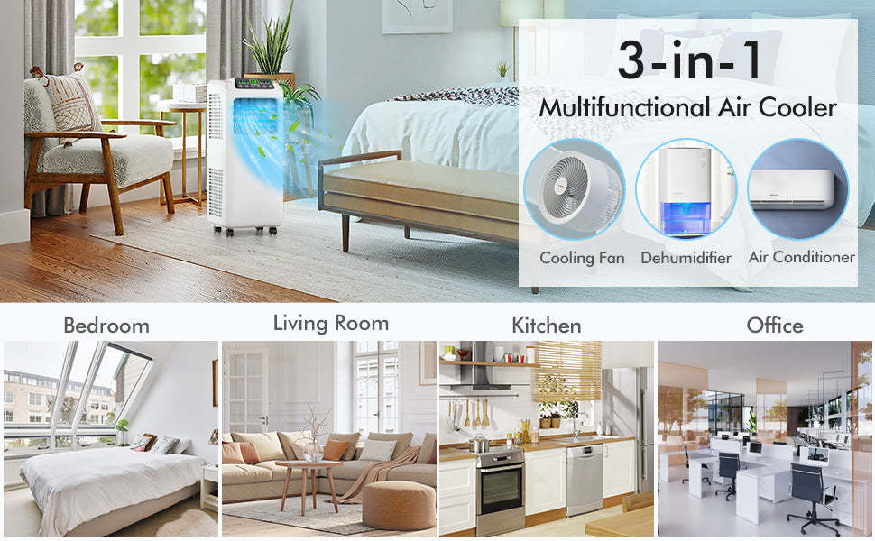 8000 BTU Portable Air Conditioner Energy-Saving 3-in-1 Air Cooler with Built-in Dehumidifier, Fan & Remote Control for Home Office