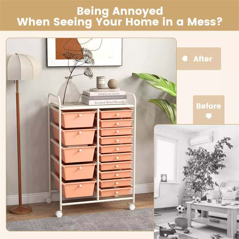 15-Drawer Rolling Storage Cart, Art &  Craft Organizer with Wheels & Removable Drawers for Tools, Scrapbook Paper, Home Office School