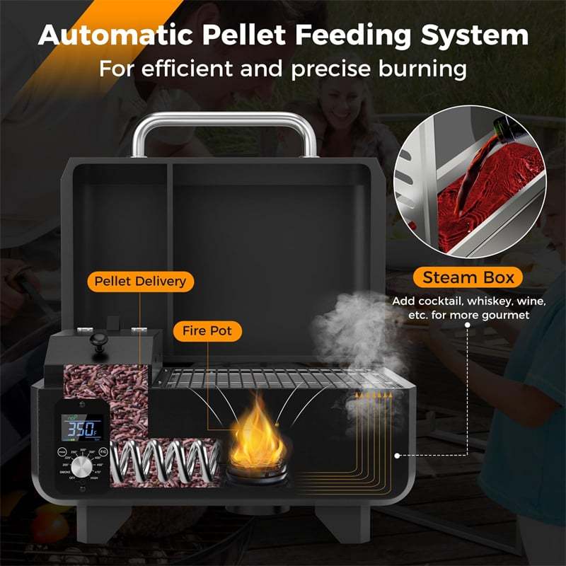 Pellet Grill and Smoker Portable Pellet Smoker Tabletop Wood Pellet Grill w/ Temperature Control, Removable Ash Pan, Grease Tray for Camping BBQ
