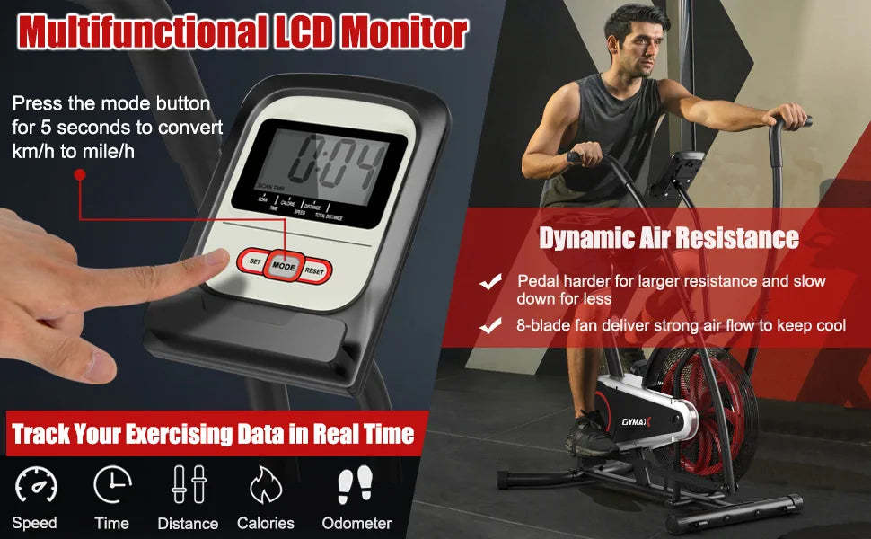 Upright Air Bike Adjustable Seat Fan Exercise Bike with LCD Monitor & Built-in Wheels for Home Gym Cardio