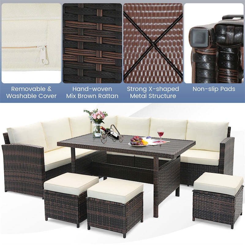 7 PCS Outdoor Wicker Sectional Furniture Set Patio Conversation Sofa Set with Coffee Table, Ottomans& Cushions