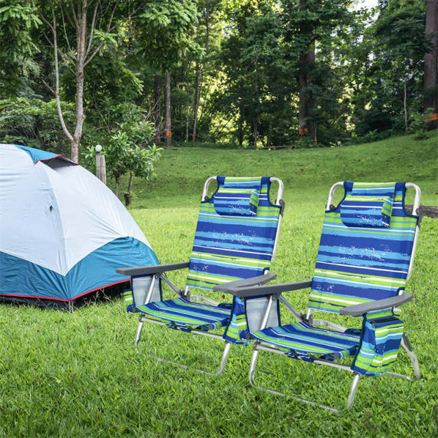 4 Pack Folding Backpack Beach Chairs, 5-Position Adjustable Sling Camping Chairs Reclining Beach Chairs with Head Pillows, Ice Pack, Cup Holder
