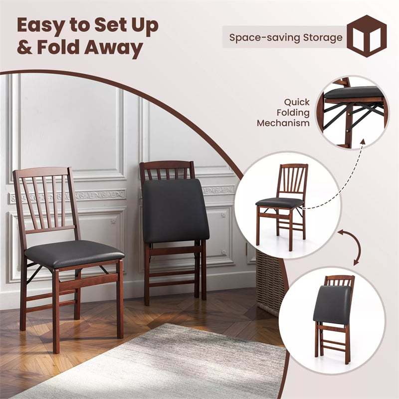 Folding Dining Chairs Set of 2, Wooden Kitchen Chairs with Padded Seat & Solid Wood Frame for Apartment, Small Space, 400 LBS Capacity, No Assembly