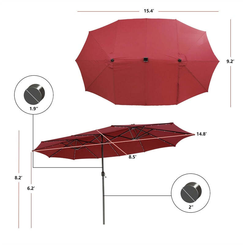15FT Double-Sided Patio Umbrella with 48 Solar LED Lights & Crank Handle, Extra Large Outdoor Market Umbrella for Poolside, Deck, Backyard