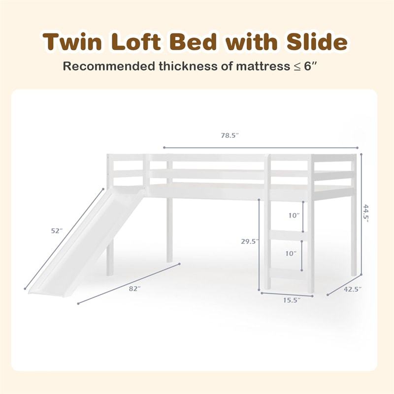 Twin Loft Bed with Slide, Solid Wood Low Loft Bed Twin Loft Bed Frame with Climbing Ladder & Guardrail, Twin Kids Bed for Girls Boys