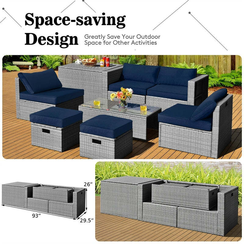 8 Piece Patio Furniture Set, PE Rattan Sectional Sofa Set with Storage Box, Ottomans, Coffee Table, Waterproof Cushions for Poolside/Balcony