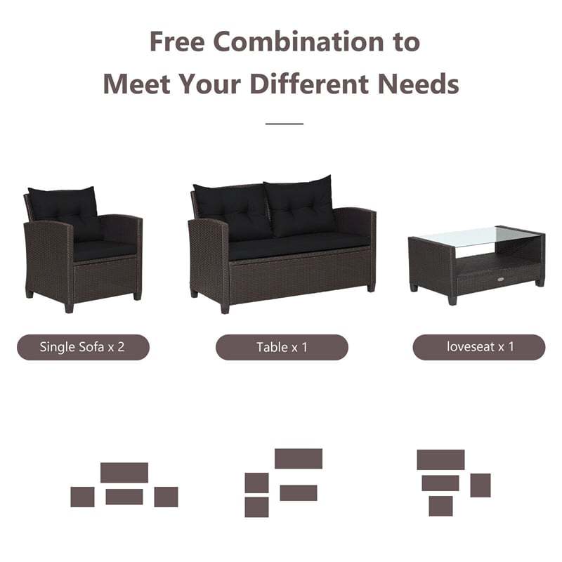 4 Piece Outdoor Rattan Furniture Set, Patio Conversation Set with Lower Shelf Coffee Table, Loveseat, 2 Cushioned Chairs for Garden Backyard