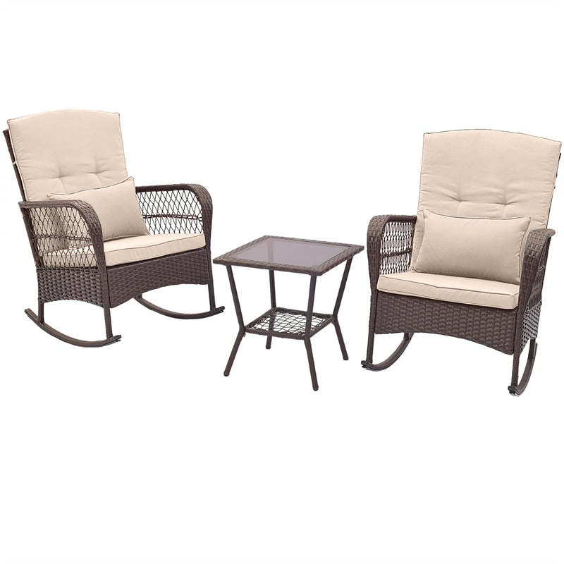 3-Piece Rattan Patio Rocker Set with 2 Rocking Chairs, Tempered Glass Coffee Table & Cushions, Outdoor Bistro Set for Porch, Poolside, Backyard