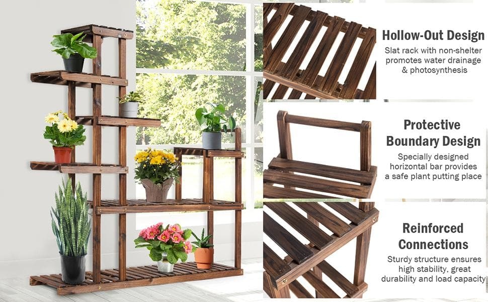 7-Tier Wood Plant Stand Flower Pot Display Rack Multifunctional Storage Shelf for Indoor Outdoor Patio Garden Yard