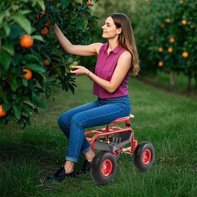 Heavy Duty Rolling Garden Cart with 360° Swivel Seat, Extendable Handle, Tool Tray & Storage Basket, 4-Wheel Gardening Workseat for Patio Yard