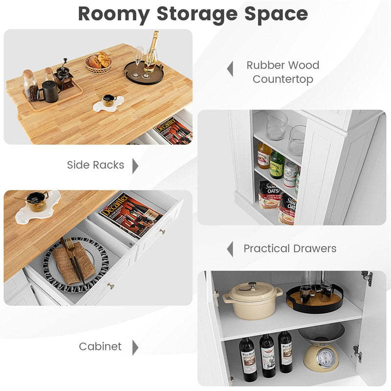 47" Kitchen Island with Drop Leaf, Rubber Wood Top, 2 Drawers, Adjustable Shelves & Spice Racks, Coffee Bar Table for Dining Room Storage