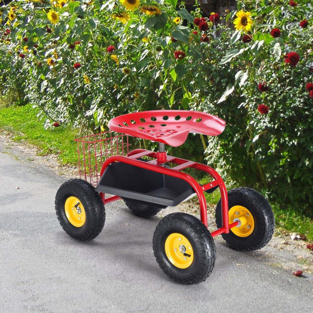Rolling Garden Cart with 360° Swivel Seat, Tool Basket, Adjustable Height, 300LB Capacity Heavy Duty Gardening Seat for Lawn, Yard Work, Seniors