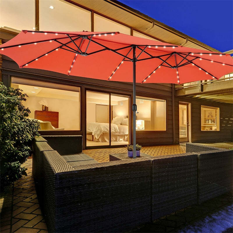 15FT Double-Sided Patio Umbrella with 48 Solar LED Lights & Crank Handle, Extra Large Outdoor Market Umbrella for Poolside, Deck, Backyard Beige