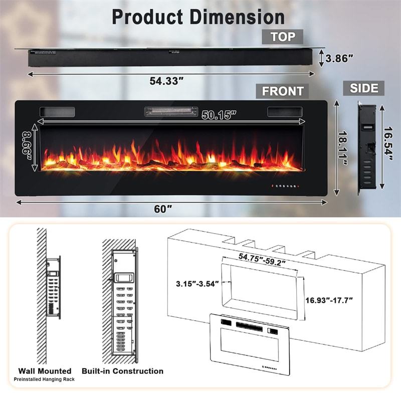 60" Ultra-Thin Electric Fireplace, Recessed & Wall Mounted Fireplace Heater with Log, Crystal Decoration, Remote Control, 8H Timer, Adjustable Flame