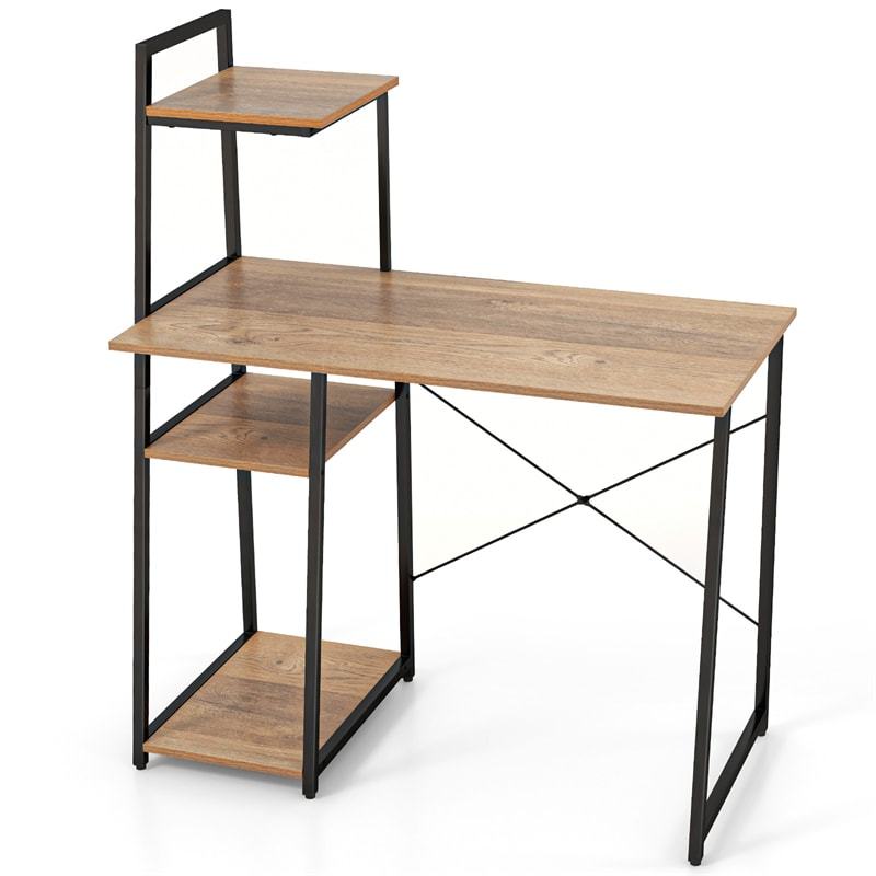 Computer Desk 47.5” Home Office Desk with Side Bookshelf & Host Stand, Metal Frame PC Laptop Workstation Study Writing Desk for Small Spaces